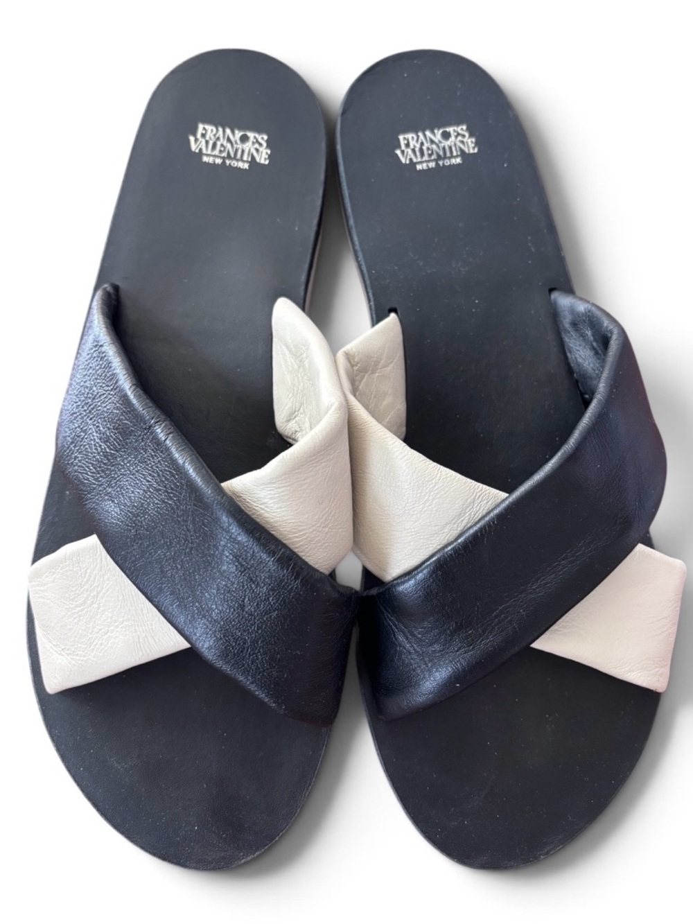 FRANCES VALENTINE Black and Cream Crossband Slide Sandals Size 9